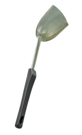 One metal spatula or kitchen utensil with black handle is isolated on white background with clipping path.の写真素材