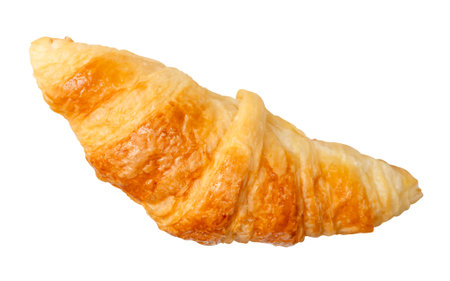 Top view of single brown or golden croissant is isolated on white background with clipping path.の写真素材
