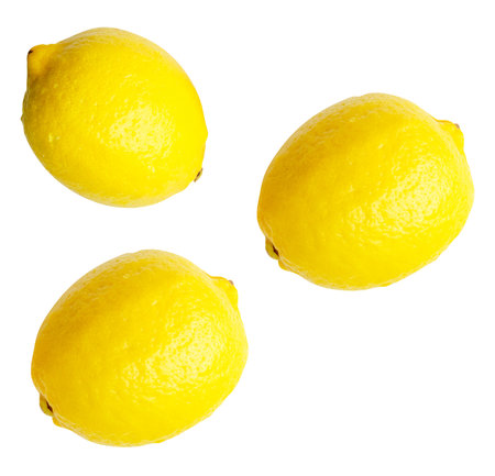 Top view set of three fresh ripe yellow lemon fruits is isolated on white background with clipping path.の写真素材