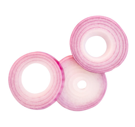 Top view of fresh red or purple onion rings or slices in stack is isolated on white background with clipping path.の写真素材