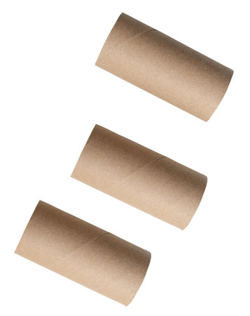 Top view set of tissue paper cores or toilet paper tubes in strange shape after use in toilet or restroom is isolated on white background with clipping path.の写真素材