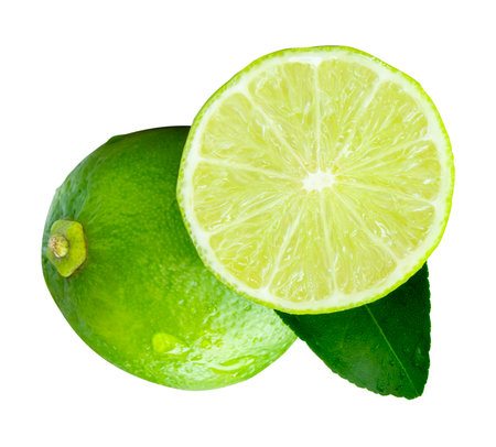 Top view of fresh green lemon fruit with half and green leaf in stack is isolated on white background with clipping path.の写真素材