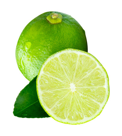 Top view of fresh green lemon fruit with half and green leaf in stack is isolated on white background with clipping path.の写真素材