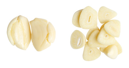 Top view set of peeled pounded garlic clove with slices in stack is isolated on white background with clipping path.の写真素材