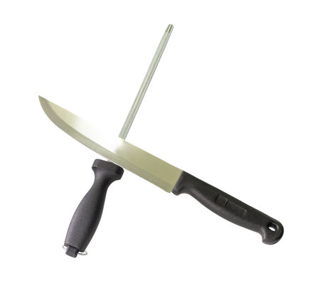 Single silver kitchen knife and one sharpening steel or honing steel with black handles is isolated...