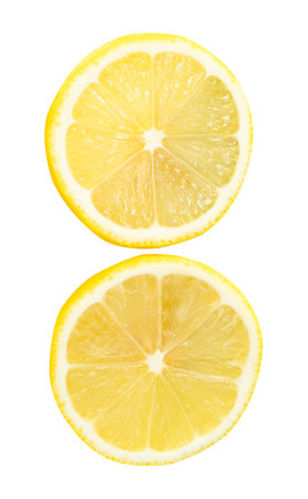 Top view set of ripe yellow lemon fruit or slices in two circles  is isolated on white background with clipping path.の写真素材