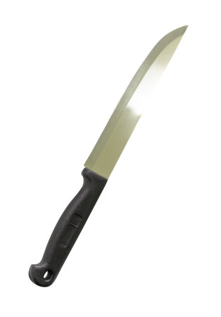 Single silver kitchen knife with black handle is isolated on white background with clipping path.の写真素材