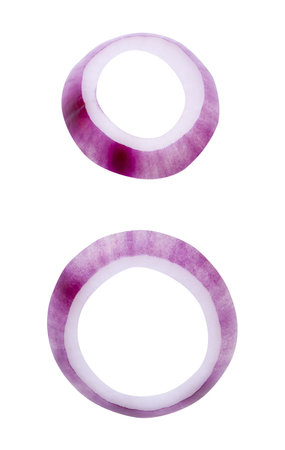 Top view set of fresh red or purple Spanish onion rings or slices is isolated on white background with clipping path.の写真素材