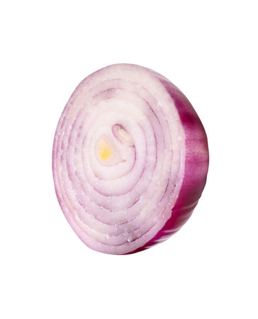 Fresh peeled red or purple onion bulb in half is isolated on white background with clipping path.の写真素材