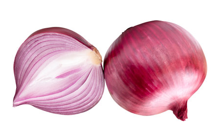 Fresh unpeeled red or purple Spanish onion bulb with half is isolated on white background with clipping path.の写真素材