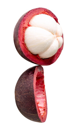 One ripe peeled mangosteen is isolated on white background with clipping path.の写真素材