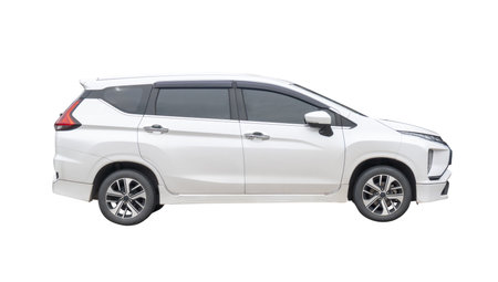 Right side view of elegant white SUV sports car is isolated on white background with clipping path.の写真素材