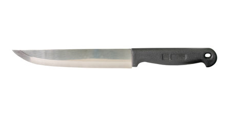 Single silver kitchen knife with black handle is isolated on white background with clipping path.の写真素材