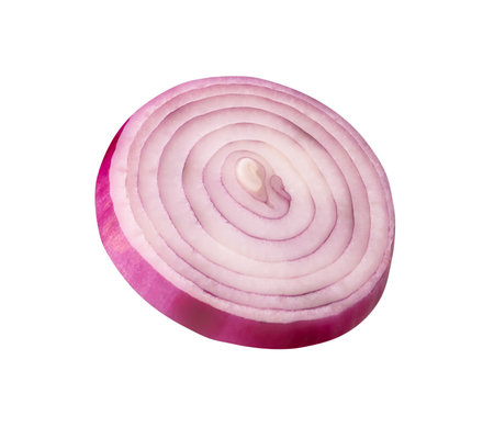 One Spanish onion or red onion slice is isolated on white background with clipping path.の写真素材