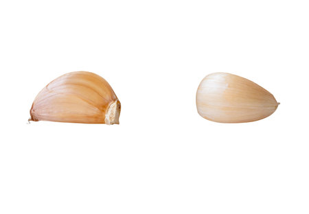 Side view set of two unpeeled garlic cloves is isolated on white background with clipping path.の写真素材