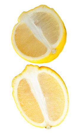 Top view set of ripe yellow lemon fruit or slices in two ellipse or oval halves is isolated on white background with clipping path.の写真素材