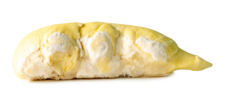 Yellow pulp of ripe durian fruit without peel is isolated on white background with clipping path.