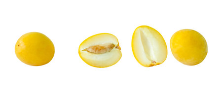 Top view set of fresh ripe yellow Barhi date palm fruits witth halves is isolated on white...