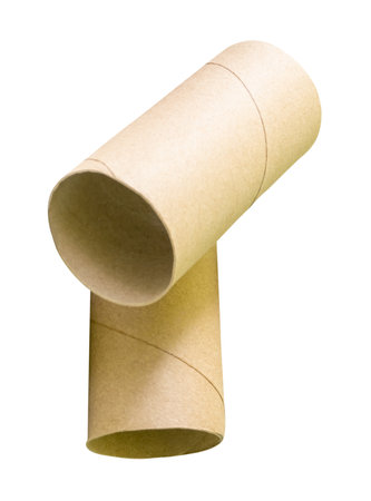 Top view of tissue paper cores or toilet paper tubes in stack is isolated on white background with clipping path.の写真素材