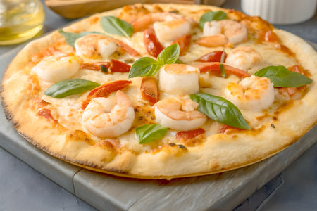 Seafood pizza with spices is on brown wooden tray and generated with AI.の素材
