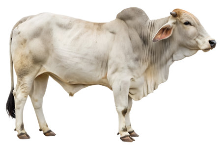 A gray Brahman cow with right side view standing is isolated on white background and generated with AI.の素材