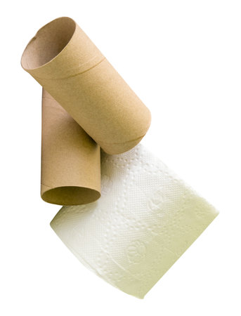 Tissue paper roll or toilet paper roll with cores or tissue paper tubes in stack are isolated on white background with clipping path.の写真素材