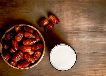 Top view of ripe dried date palm fruits is in bowl in stack and white milk is in glass on brown wooden background and generated with AI. Concept of iftar food in Ramadan month for Muslimsの素材