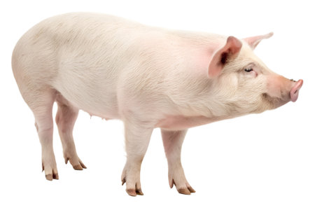 A fat pink pig standing with right side view is isolated on white background and generated with AI.の素材