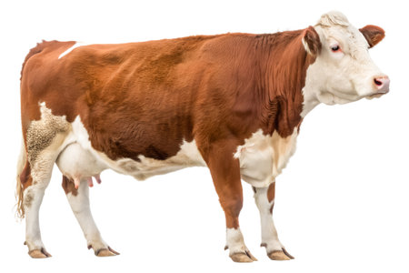 Red and white Hereford breed cow standing is isolated on white background and generated with AI.の素材