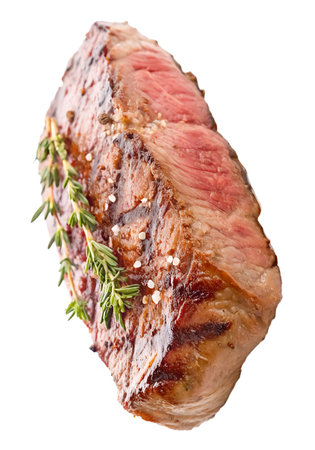 Roasted or grilled Sirloin beef steak of black angus with spices is isolated on white background and generated with AI.の素材