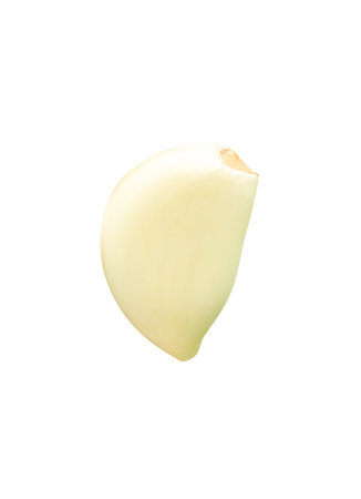 Side view of one unpeeled garlic clove is isolated on white background with clipping path.の写真素材