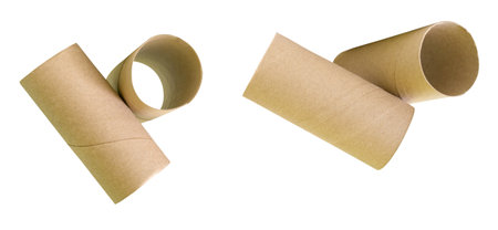 Top view set of two tissue paper cores or toilet paper tubes is isolated on white background with clipping path.の写真素材