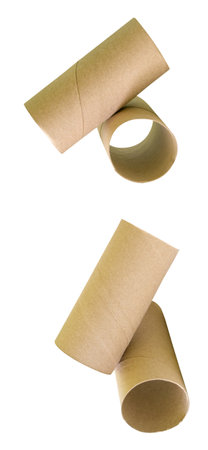 Top view set of two tissue paper cores or toilet paper tubes is isolated on white background with clipping path.の写真素材