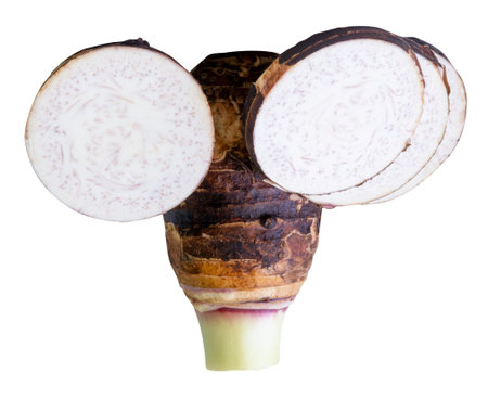 A tuber of taro with circle slices in stack is isolated on white background with clipping path.の写真素材