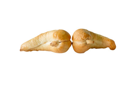 Side view of two roasted or baked cashew nuts in stack is isolated on white background with clipping path.の写真素材