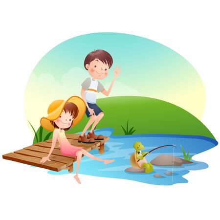 Kids on the riverのイラスト素材