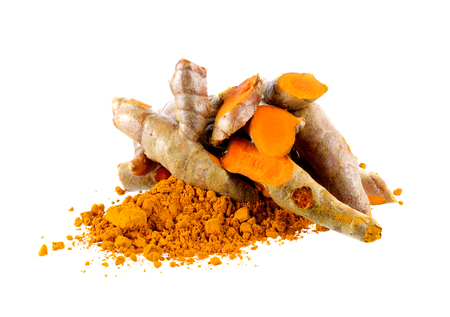Turmeric and Turmeric powder on white backgroundの写真素材