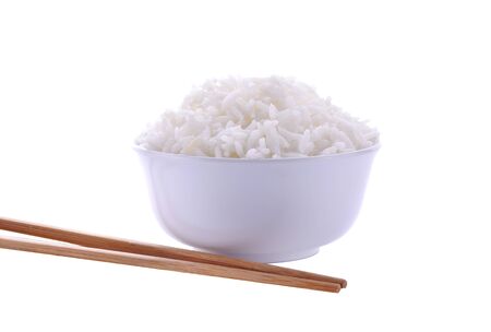 Rice in a bowl on a white backgroundの写真素材