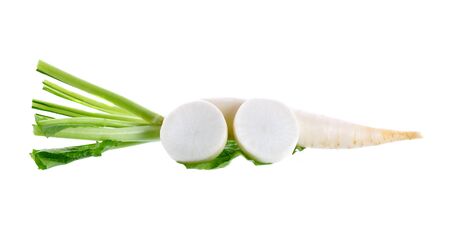 Daikon radishe slices on white background