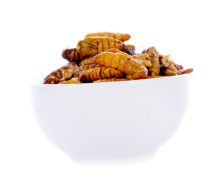 silkworm in white bowl on white backgroundの写真素材