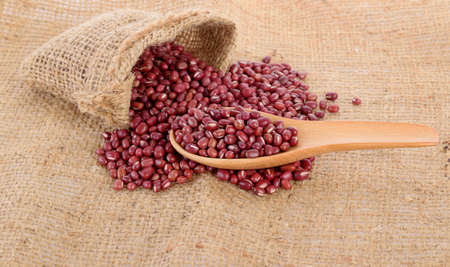 fresh red beans in spoon  and bag isolate on a mat