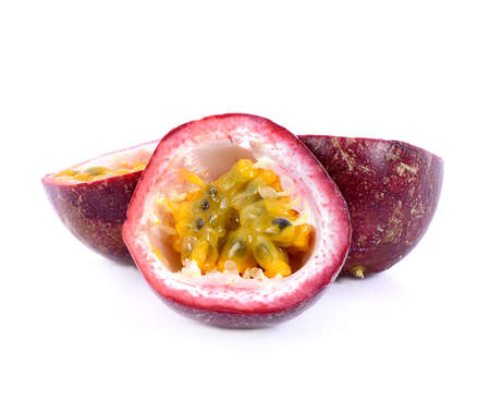 passion fruits slices  isolated on white backgroundの写真素材
