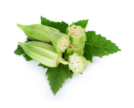 fresh okra or green roselle and leaves isolated on white background