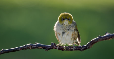 Silvereye or wax eye perched on branch isolated against out of focus backgroundの写真素材