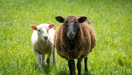 mother sheep and her lamb in lush green grassy fieldの写真素材