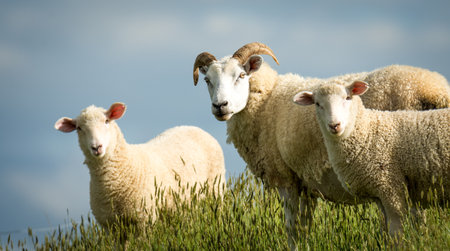 mother sheep and her lambs in lush green grassy fieldの写真素材