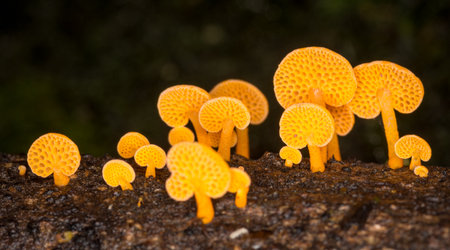 Close up of orange pore fungus growing on rotting logの写真素材