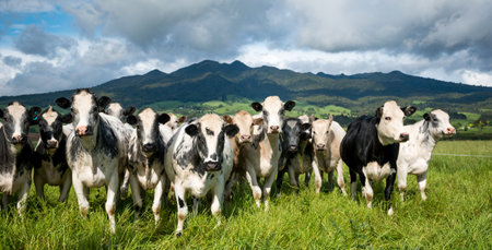 herd of speckle park cattle grazing in lush green grass field with mountain backdrop