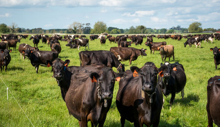 Herd of Friesian and jersey cross dairy cows grazing in green grassの写真素材
