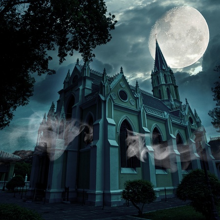 Church at Full moon nightの写真素材
